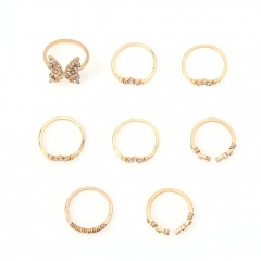 8pcs/set Bohemian style inlaid rhinestone butterfly ring set (size 1.6cm) gold