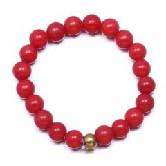 Handmade natural stone small round beads beaded ring (Size 8 adjustable) Red Coral