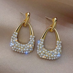 S925 Silver Needle Inlaid Rhinestone With Pearl Gold Dangling Earring White