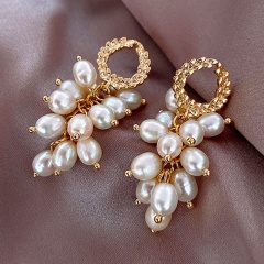 S925 Silver Needle Inlaid Pearl Gold Earring White Pearl