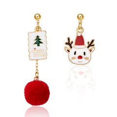 Christmas Elk Plush Ball AB Asymmetrical Stud Earrings Red