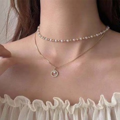 Double zircon imitation pearl clavicle chain short card neck chain Golden