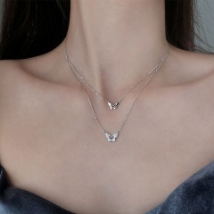 White gold double-layer hollow butterfly size zircon clavicle chain necklace White gold