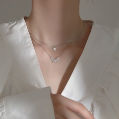 White gold double layer flower butterfly hollow zircon clavicle chain necklace White gold