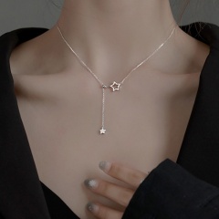 White Gold Five-pointed Star Pulling Tassel Hollow Zircon Clavicle Chain Pulling Adjustable Necklace White Gold