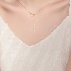 Golden Love Heart Hollow Tassel Zircon Clavicle Chain Necklace Golden