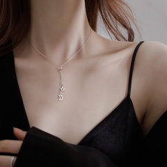 White gold moon five-pointed star double tassel hollow zircon clavicle chain necklace White gold