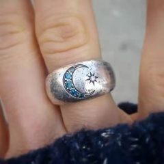 Retro Moon Sun Creativity fashion Inlaid Zircon Ring (Material: Metal/Size: No. 8) silver