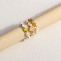 Geometric acrylic imitation pearl rice bead 3-piece elastic ring(Size: 2.5cm adjustable elastic rope) D