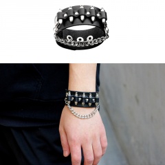 Fashion trend rivet chain men's leather bracelet (material: leather + alloy / chain length: 21.5cm) Black