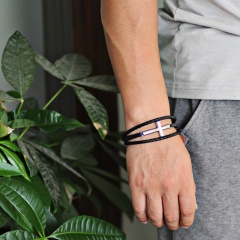 Woven leather cross multi-layer bracelet (material: alloy + leather / chain length: 21.5cm) Black