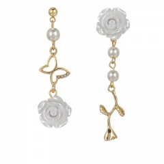 Butterfly white rose flower tassel long asymmetrical AB imitation pearl resin animal stud earrings Golden