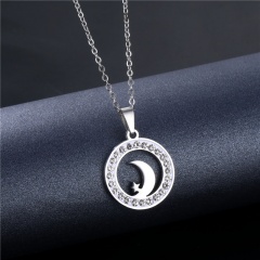 Stainless steel round star and moon clavicle chain necklace (material: stainless steel / chain length: 45+5cm) Round star moon