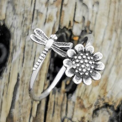 Dragonfly Sunflower Flower Retro Animal Open Adjustable Ring Ancient silver