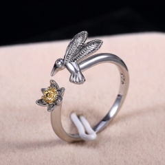 Hummingbird Lotus Flower Retro Animal Open Adjustable Ring White Gold