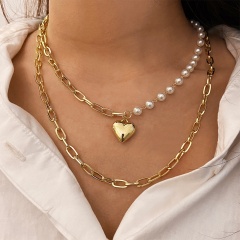 Multi-layer clavicle chain creative retro double-layer pearl love pendant necklace (material: alloy + imitation pearl / size: 40+7cm) Golden