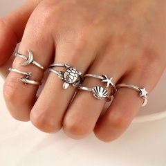 Vintage distressed animal tortoise and scallop 6-piece set ring (material: alloy / size: both 1.7cm) Ancient Silver