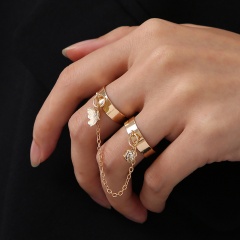 Butterfly two-finger conjoined chain rhinestone open ring Golden