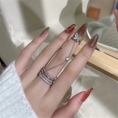 Butterfly copper zircon two-finger conjoined chain open ring Sliver