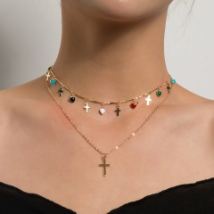 Double Cross Pendant Color Love Heart Painting Oil Clavicle Chain Necklace (Material: Alloy + Painting Oil/Pendant Size: 2.2cm, Chain Length: 30/40+10cm) Cross