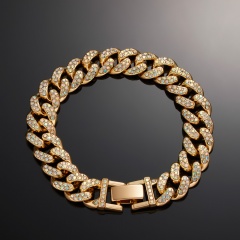 Hip Hop Cuban Thick Chain Bracelet with Diamonds (Chain Length: 23cm (9inch), Chain Width: 1.3cm/Material: Alloy) Bracelet Golden