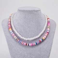 Imitated pearl colored soft clay double layer necklace 2-piece set (chain length: 35+3/40+5cm/material: alloy + soft clay + imitation pearl) Color