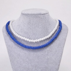Imitated pearl colored soft clay double layer necklace 2-piece set (chain length: 35+3/40+5cm/material: alloy + soft clay + imitation pearl) Navy blue