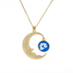 Golden Moon Blue Sky White Cloud Eagle Resin Transparent Necklace (Material: Alloy + Resin/Pendant Size: 3.7*3cm, Chain Length: 50+5cm) Golden
