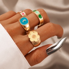 Retro color dripping oil love flower star moon ring 4-piece set (material: alloy/size: 1.8cm) Love
