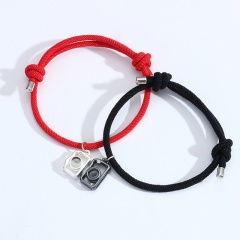 Square Irregular Geometry Projection 100 Languages I Love You 16-28cm Red and Black Rope Wishing Stone Couple Splicing Magnet Weaving Adjustable Bracelet Set Square projection