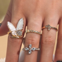 4-piece butterfly cross diamond combination ring set Butterfly cross