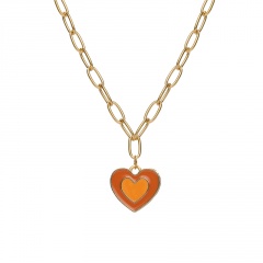 ins Heart Shaped Alloy Oil Drop Double Layer Love Pendant Necklace (Material: Alloy/Chain Length: 46cm, Pendant: 1.8*2.1cm) Orange