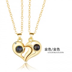 Heart-shaped magnetic projection one hundred languages I love you couple stitching necklace 2-piece set (chain length: 55+5cm/material: alloy + copper chain) Love Gold