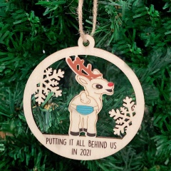 2021 Elk Wooden Hollow Christmas Tree Pendant (Size: 8*8cm/Material: Wood/style: Hemp Rope Elk) Elk