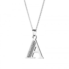 26 Alphabets Stainless Steel Full Diamond Pendant Clavicle Chain Necklace (Material: Stainless Steel + Diamond/Size: 45+5cm) A
