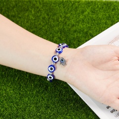 10mm Blue Eyes Round Bead Palm Pendant Beaded Elastic Bracelet (Material: Alloy + Resin + Elastic Cord / Chain Length: 18-20cm Elastic Adjustable) Blue Eyes