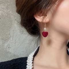 Imitation Pearl Wine Red Love Autumn And Winter Flocking Ear Hook Earrings (Size: 4.5*1.5cm/Material: Alloy + Velvet + Imitation Pearl + Silver Needle) Love