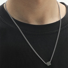 Square Men's Long Stainless Steel Pendant Necklace (Material: Stainless Steel / Pendant Size: 0.8cm, Chain Length: 55+5cm) Square