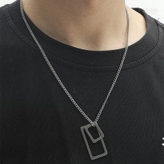 Square Geometric Double Hollow Men's Long Stainless Steel Pendant Necklace (Material: Stainless Steel / Pendant Size: 3.8*2cm, Chain Length: 55+7cm) Square