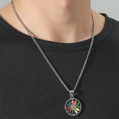 Colorful Daisy Ring Rotatable Men's Long Stainless Steel Pendant Necklacme (Material: Stainless Steel / Pendant Size: 2.9*2.6cm, Chain Length: 55+5cm) Colorful Daisy