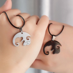 Black And White Leather Rope Round Yin And Yang Tai Chi Puppy Hugging Couple Stitching Necklace (Size: 3cm, Chain Length 45+5cm/Material: Stainless Steel + Leather Rope) Dog 1