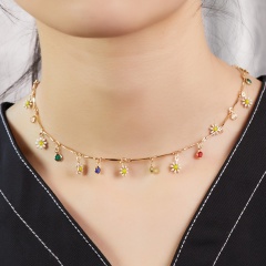 Colorful Gemstone Small Daisy Clavicle Chain Necklace (Material: Alloy/Size: 35+10cm) Little Daisy