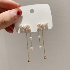 S925 Needle White Pearl Dangling Earring 6.5*1.7cm Gold
