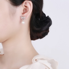 Bowknot Pearl Earrings With Micro-Inlaid Zircon (Material: Copper + Zircon / Size: 1.5*2cm) Bow