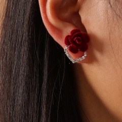 Christmas Stud Earrings with Diamond Love Flowers (Size: 1.7*2cm/Material: Alloy + Flocking) Red