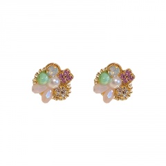 925 Silver Needle Diamond Pearl Flower Stud Earrings (Material: Alloy/Size: 1.8*1.8cm) Light Color