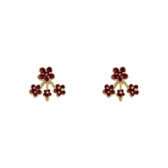 Silver Needle Wine Color Peach Blossom Retro French Flower Stud Earrings (Material: Alloy/Size: 1.2*1.5cm) Red