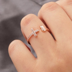 Love Heart Diamond Cross Open Ring (Size: Adjustable Opening/Material: Alloy + Rhinestone) Rose Gold