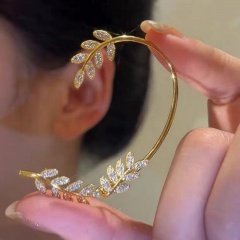 1PC Fashion Single Left/Right Ear Rhinestone Hanging Bone Clip Earrings Leaves(Gold Left)