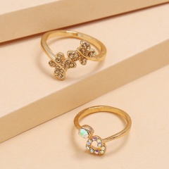 Vintage Diamond Hollow Heart-shaped Butterfly 2-piece Combination Ring Gold